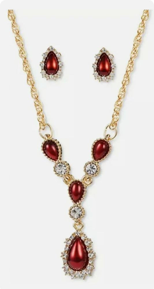 Holiday Lane Women's Red Gold-Tone Crystal Imitation Pearl Lariat Necklace & Earrings Set | Holiday Lane In Lebanon