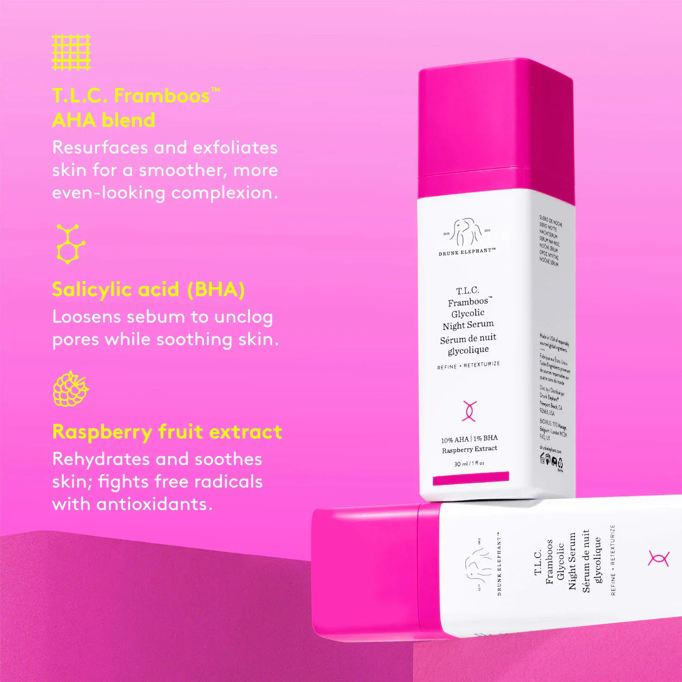 Drunk Elephant - T.L.C. Framboos™ Glycolic Resurfacing Night Serum | 15 mL - Medaid International