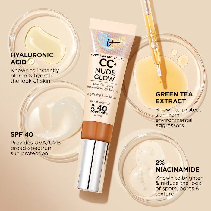 IT Cosmetics  CC+ Nude Glow Lightweight Foundation + Glow Serum with SPF 40 and Niacinamide Color: Light Medium