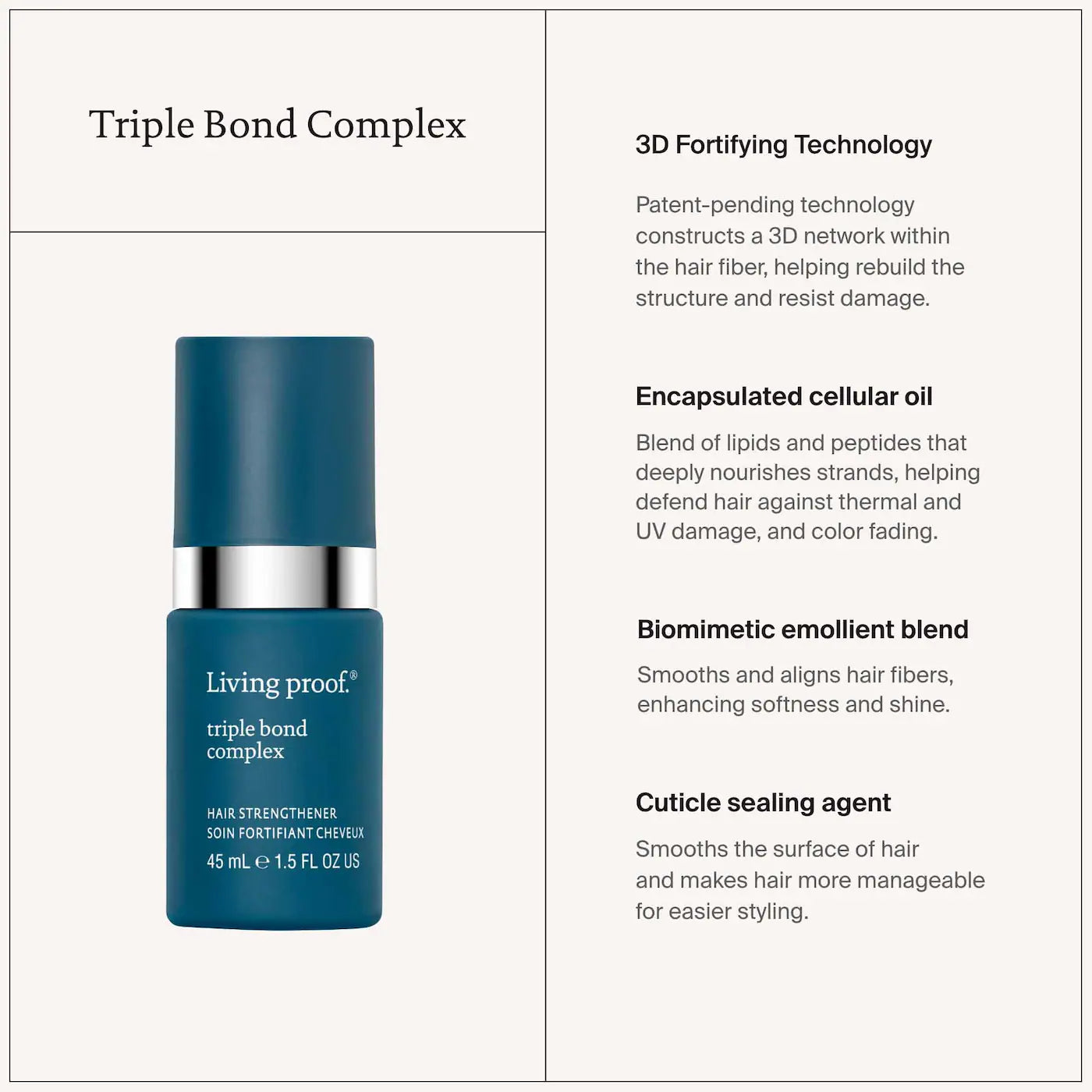 Living proof Triple Bond Complex, 45ML | Hair Treatment | Hair Strengthener | Repair Hair | Silicone Free | Paraben Free | Cruelty Free - Medaid International
