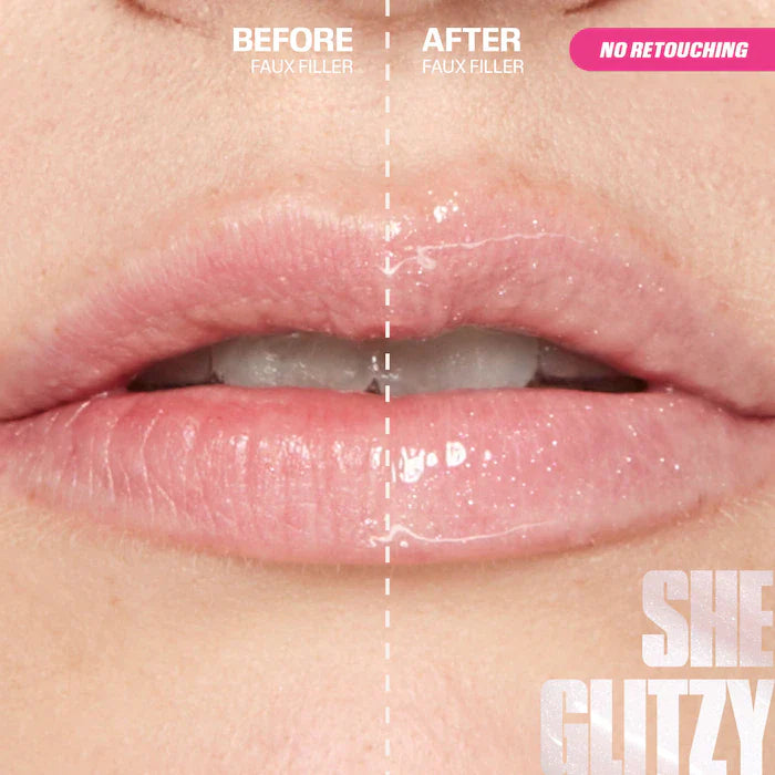 HUDA BEAUTY  Faux Filler Shiny Non-Sticky Lip Gloss Color: She Glitzy - sheer clear iridescent gloss