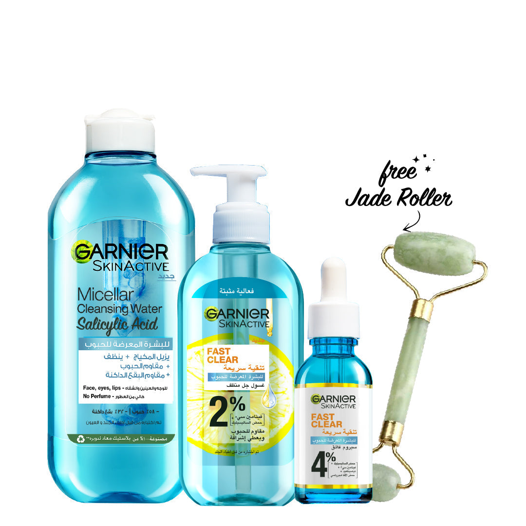 '-20% FREE Jade Roller Garnier FAST CLEAR Bundle - Serum + Micellar Water + Gel Wash - Medaid International