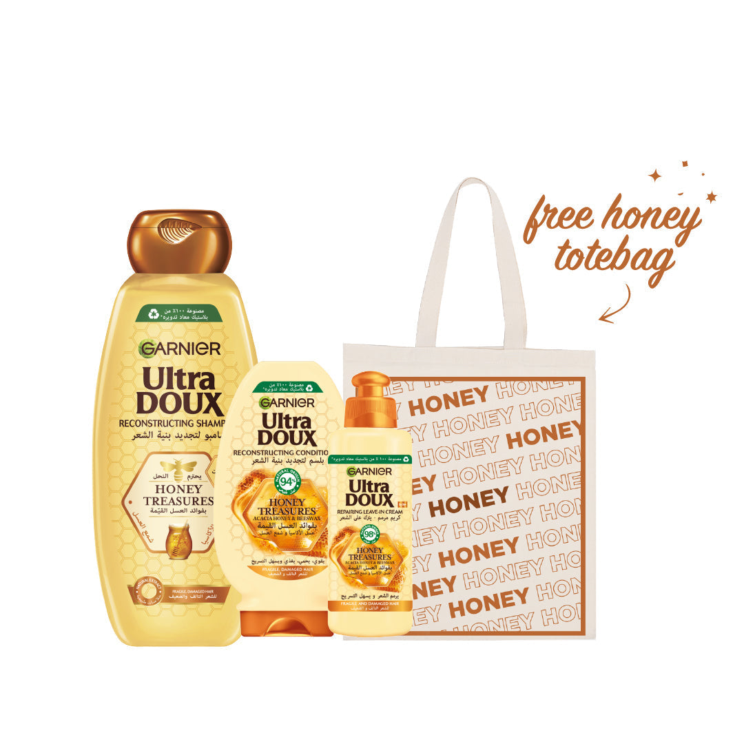 10% OFF Garnier Ultra Doux Honey Treasures Shampoo 400 ML + Ultra Doux Honey Treasures Conditioner 200 ML + Ultra Doux Honey Treasures Leave In + Honey Treasures Tote Bag - Medaid