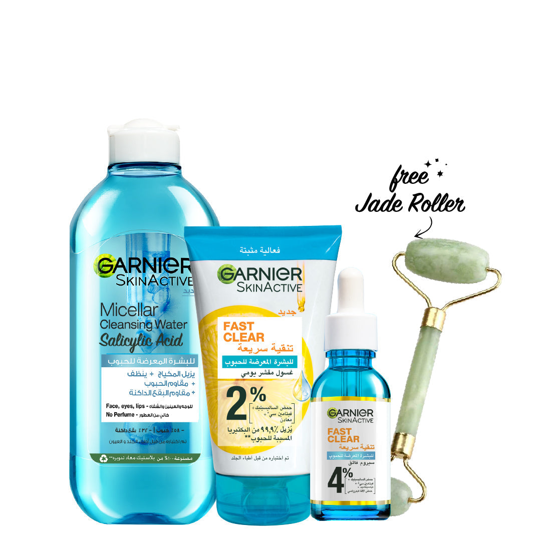 '-20% FREE Jade Roller Garnier FAST CLEAR Bundle - Serum + Micellar Water + Exfoliating Wash - Medaid International