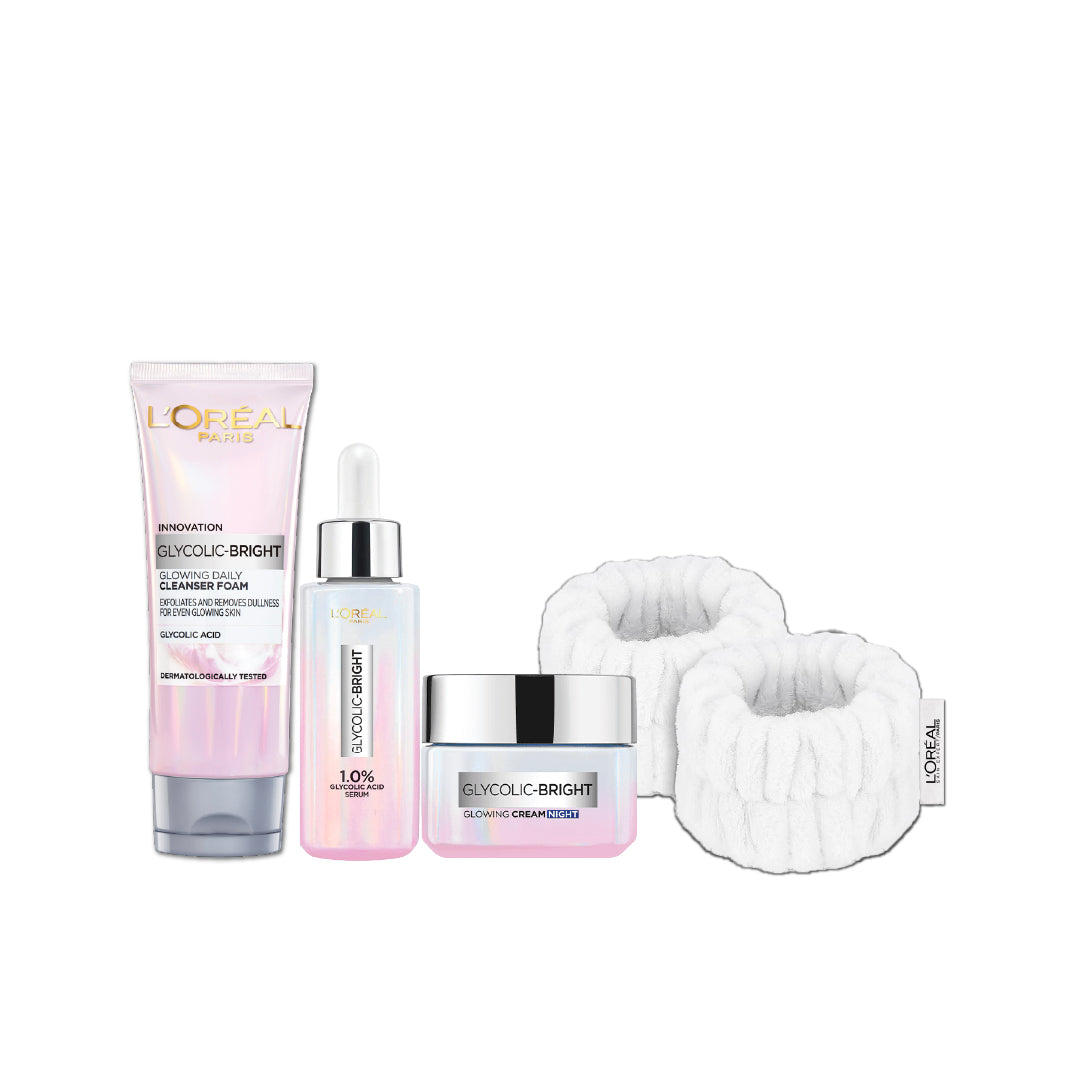 20% OFF Glycolic Bright Instant Glowing Face Serum 30ml + L'Oreal Paris Glycolic Bright Instant Glowing Face Wash 100ml + Glycolic Bright Glowing Day OR Night Cream 50ml + FREE White Wrist Towels - Medaid