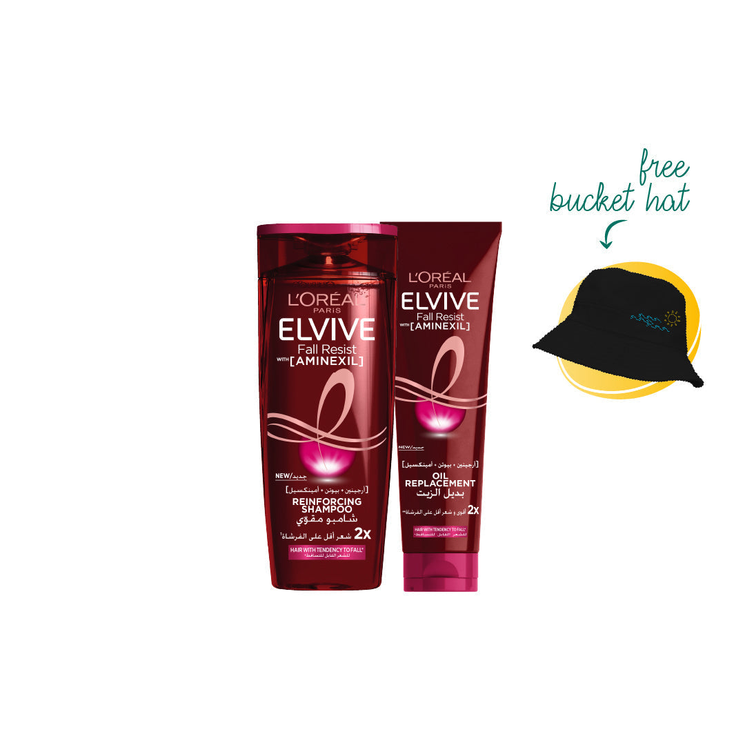 L’Oréal Paris Elvive Fall Resist Anti Hair-Fall Shampoo with Aminexil 400 mL + Elvive Full Resist Oil Replacement 300ml + FREE Bucket Hat - Medaid