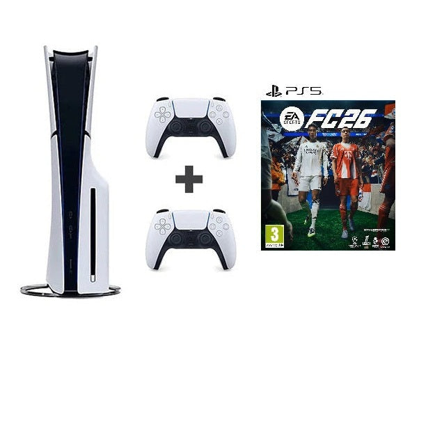 PlayStation 5 Console Slim European + 2 x Dualsense Wireless Controllers + FC 26 Game + Fattal Official Warranty