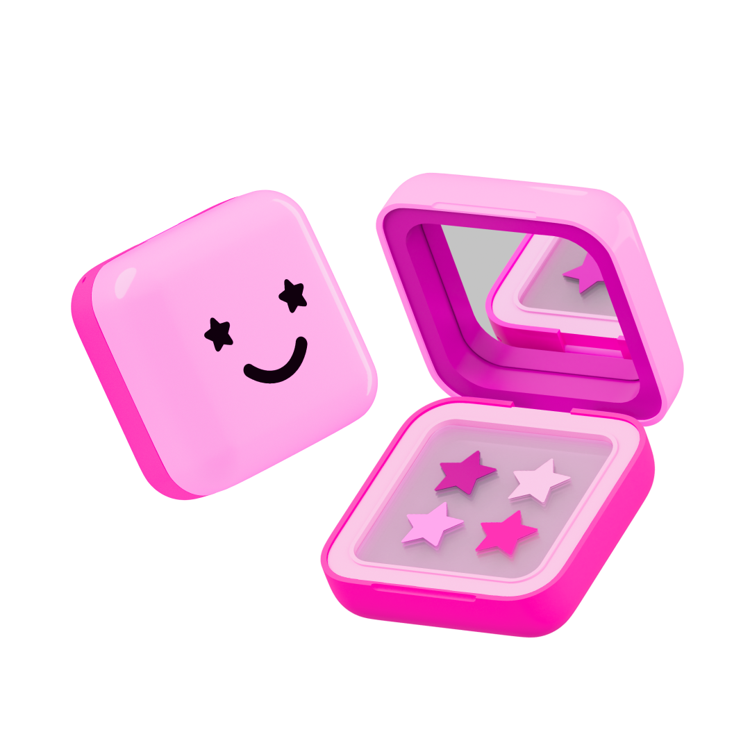 STARFACE hydro-stars® + big pink absorbs. shrinks. protects.  a cute pink  compact filled with 32 pink hydro-stars