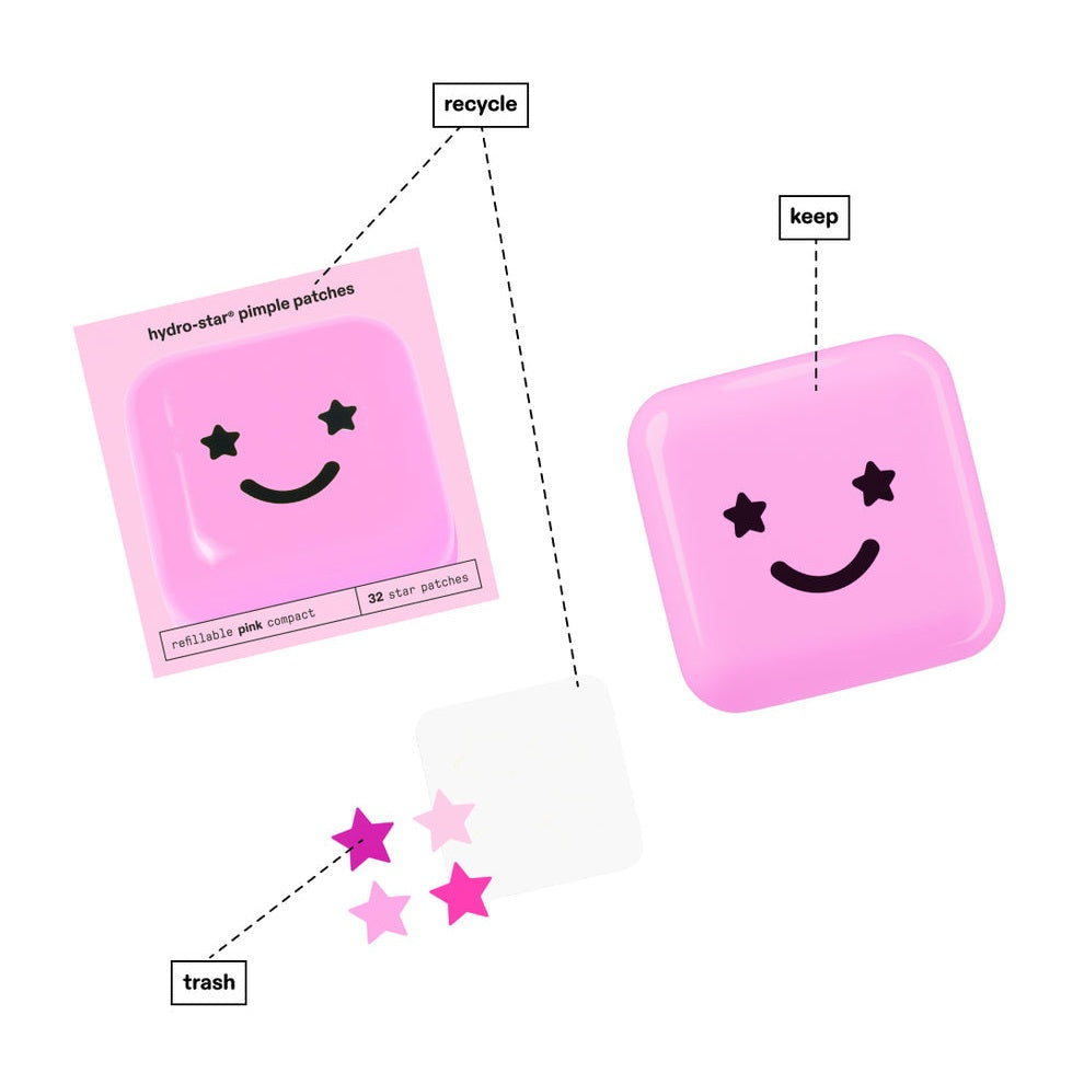 STARFACE hydro-stars® + big pink absorbs. shrinks. protects.  a cute pink  compact filled with 32 pink hydro-stars