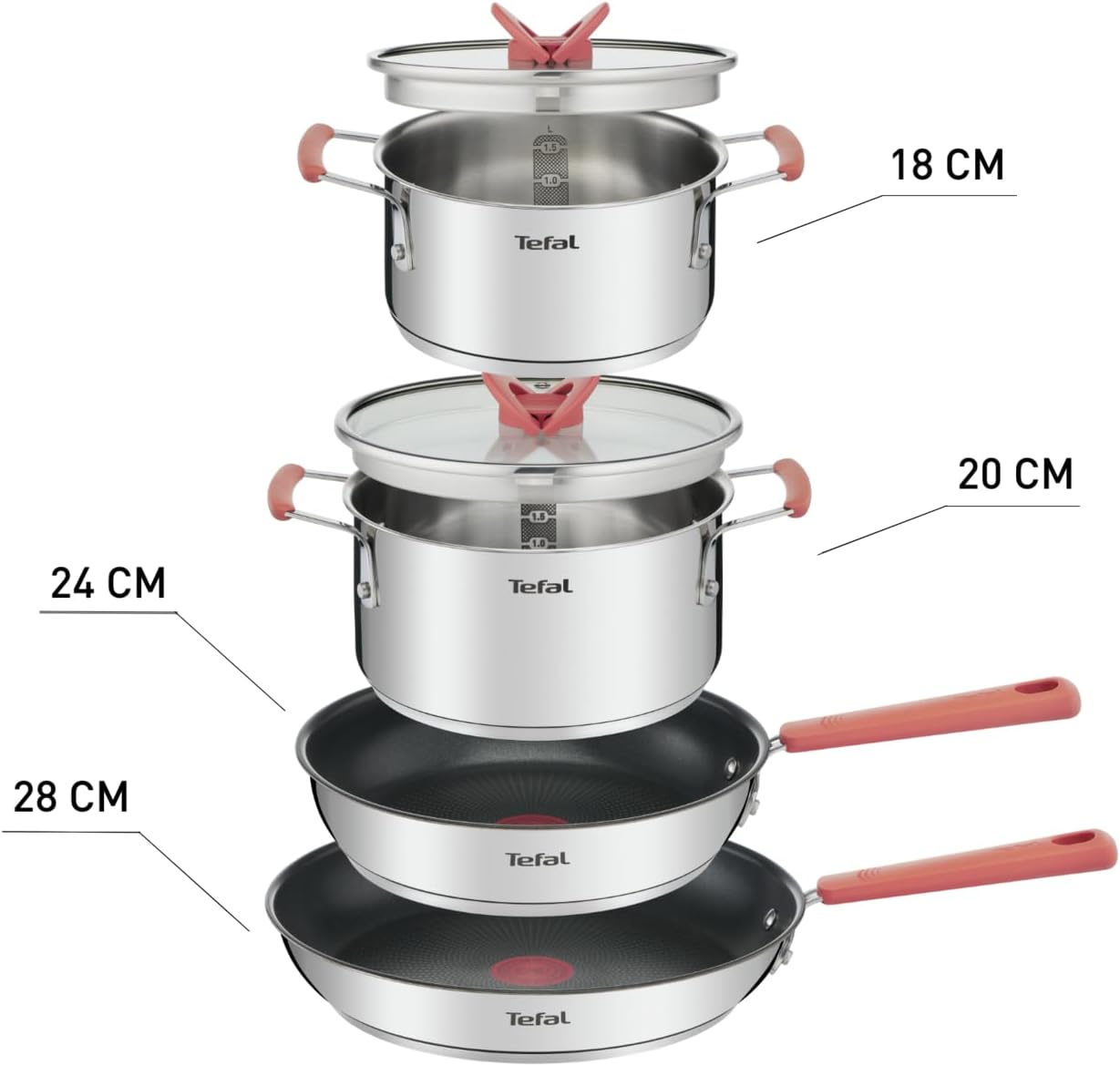 Tefal Opti'Space 4-Piece Pots and Pans Set, Stainless Steel, Stackable, Non-Stick, G720S604