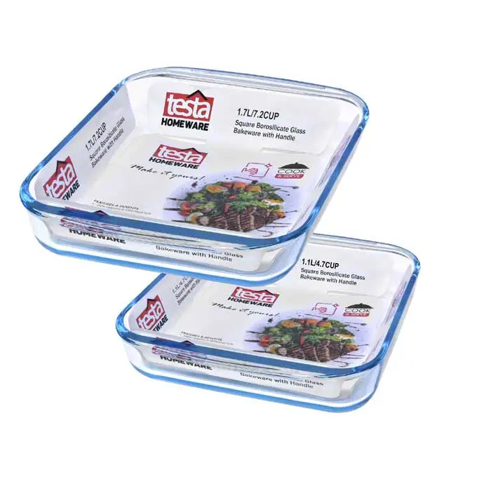 Testa Set of 2 Glass Oven Square Bakeware wit Handles 1.1 & 1.7 liters