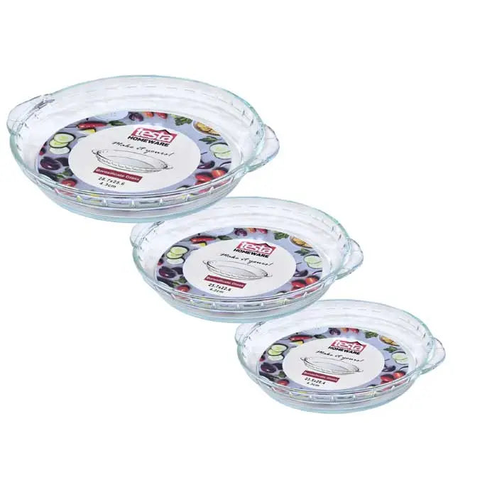 Testa Set of 3 Glass Oven Pie Tart Round Dishes with Handles 23.5, 25.7 & 28.7cm