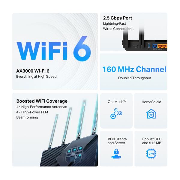 TP-Link Archer AX55 Pro AX3000 Multi-Gigabit Wi-Fi 6 Router with 2.5G Port