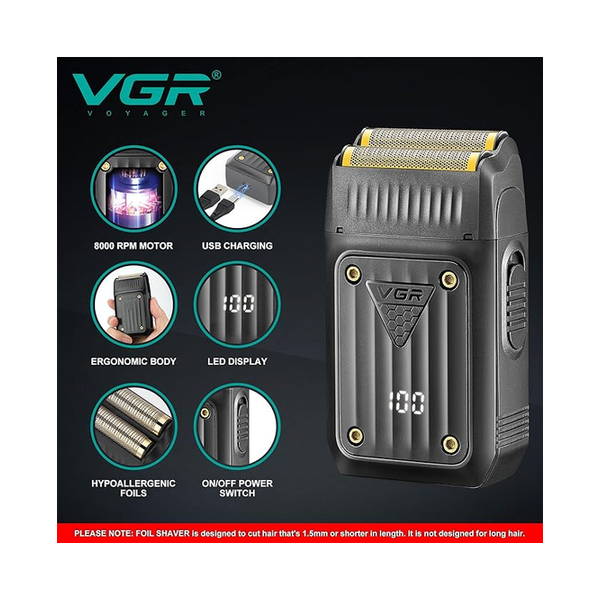 VGR V-363 Electric Foil Shaver Men - Cordless Rechargeable via USB-C Razor 80 Min Battery - 8000 RPM - Mens Shaving Machine for Beard, Face Hair, Bald Head, Neck, Skin Fade - Close Clean