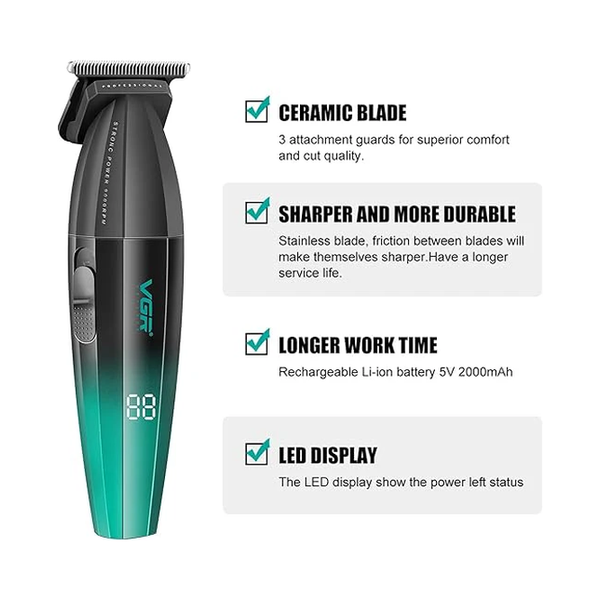 VGR V-906 Fresh Fade Professional Hair Trimmer, 9000rpm Zero Gapped Beard Trimmer for Men, DLC T-Blade Cordless Hair Clipper for Barbers and USB Rechargeable