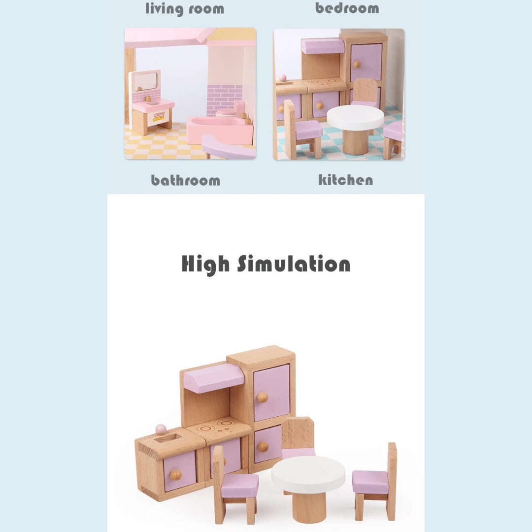 Children’s Pink Wooden Princess Dollhouse Villa with Full Furniture Set
