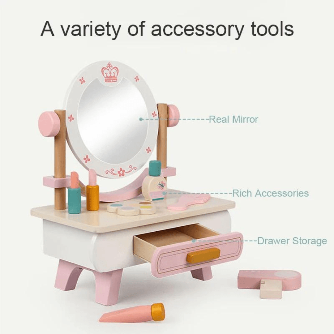Wooden Kids Makeup Vanity Dresser with Mirror & Accessories 3 Years +