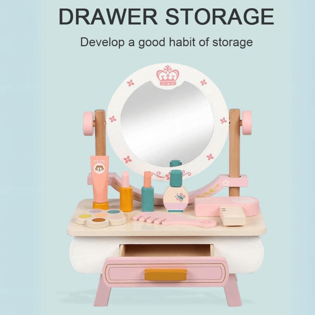 Wooden Kids Makeup Vanity Dresser with Mirror & Accessories 3 Years +