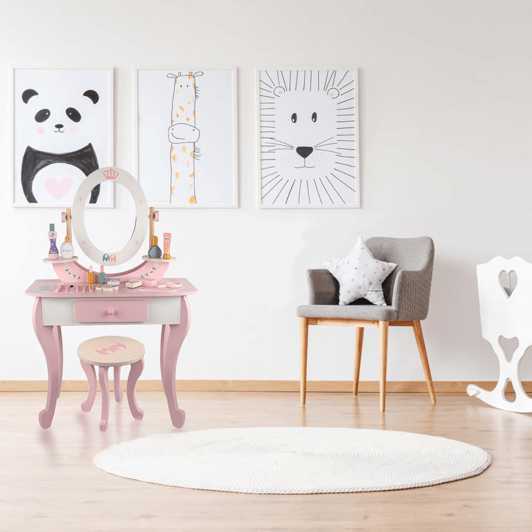 Wooden Vanity Set with Chair for Kids' Pretend Play
