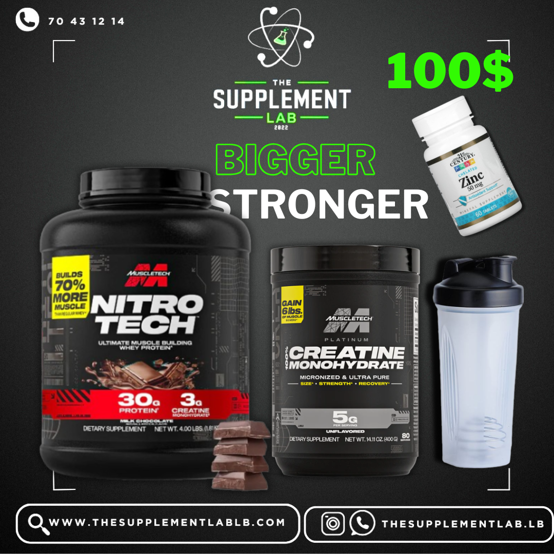 Bigger Stronger Bundle – Nitro-Tech Whey, Creatine Monohydrate, Zinc & Shaker